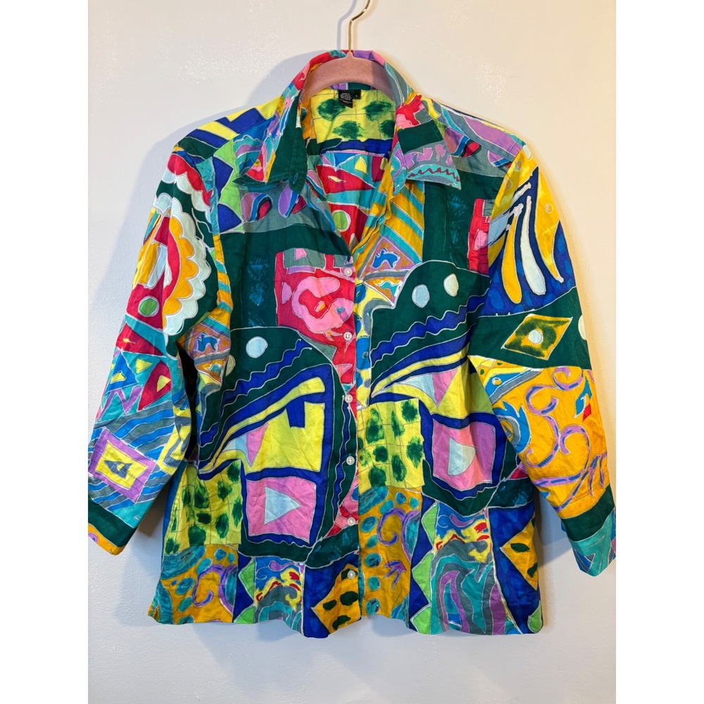 Lauren Ralph Lauren Colorful Abstact Boxy Blouse L 3/4 Sleeve Art to Wear
